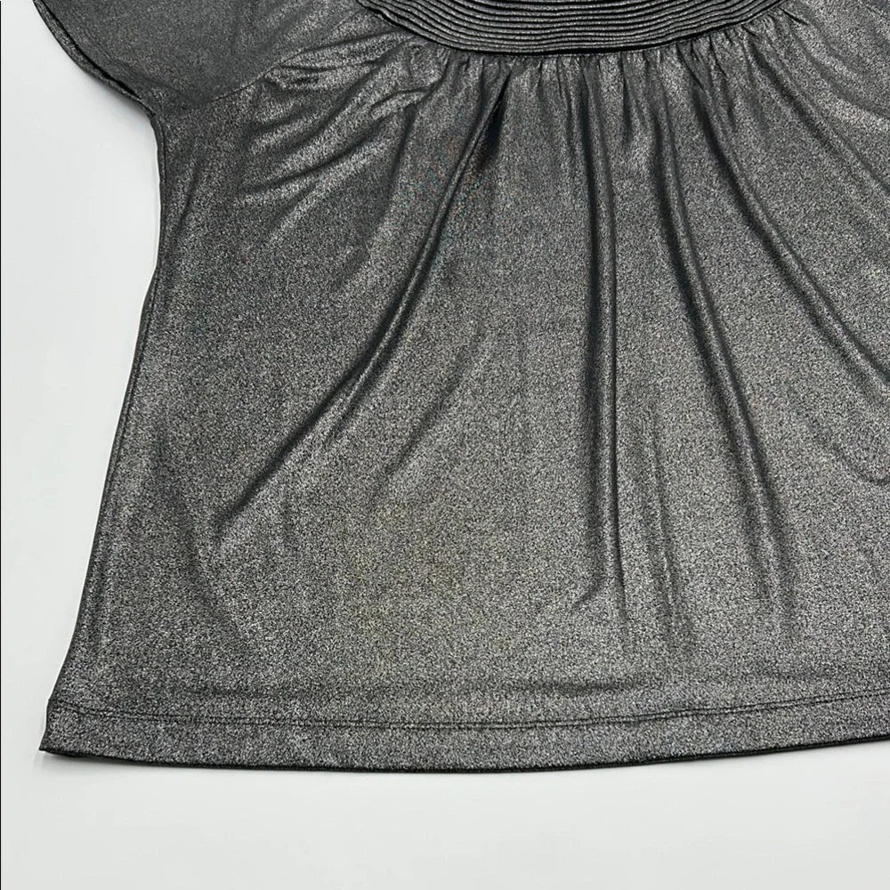 Dana Buchman Flutter Sleeve Blouse Large Gray Shimmer Pleated Nech Relaxed Fit